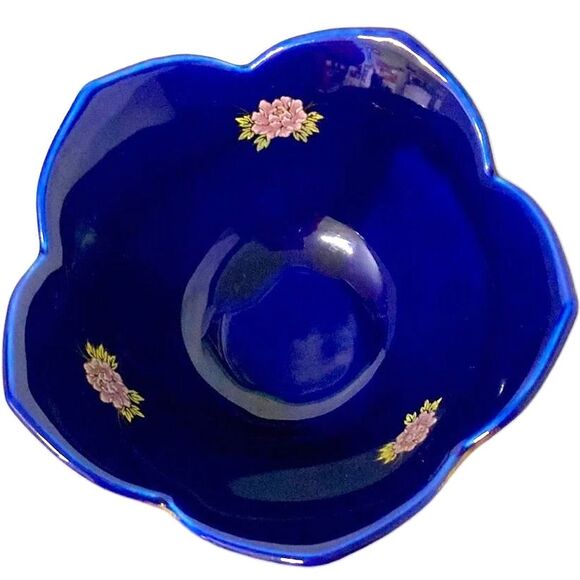 PEACOCKS Lotus Floral Cobalt Blue Gold Trim Decorative JAPANESE Bowl Vintage - Picture 5 of 12